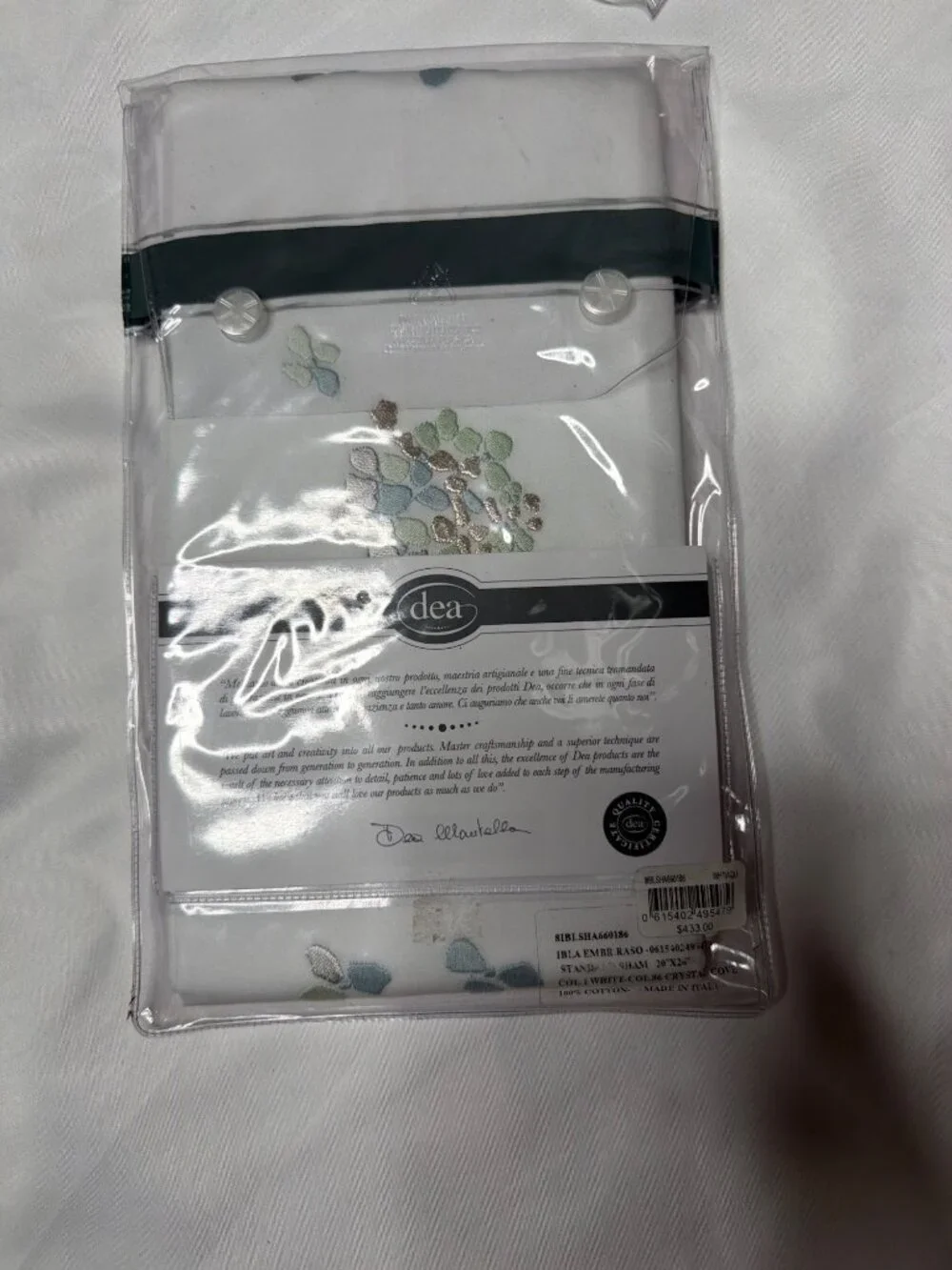 NWT Dea Linens Ibla Embroidery Sham White /Aqua Standard Sham